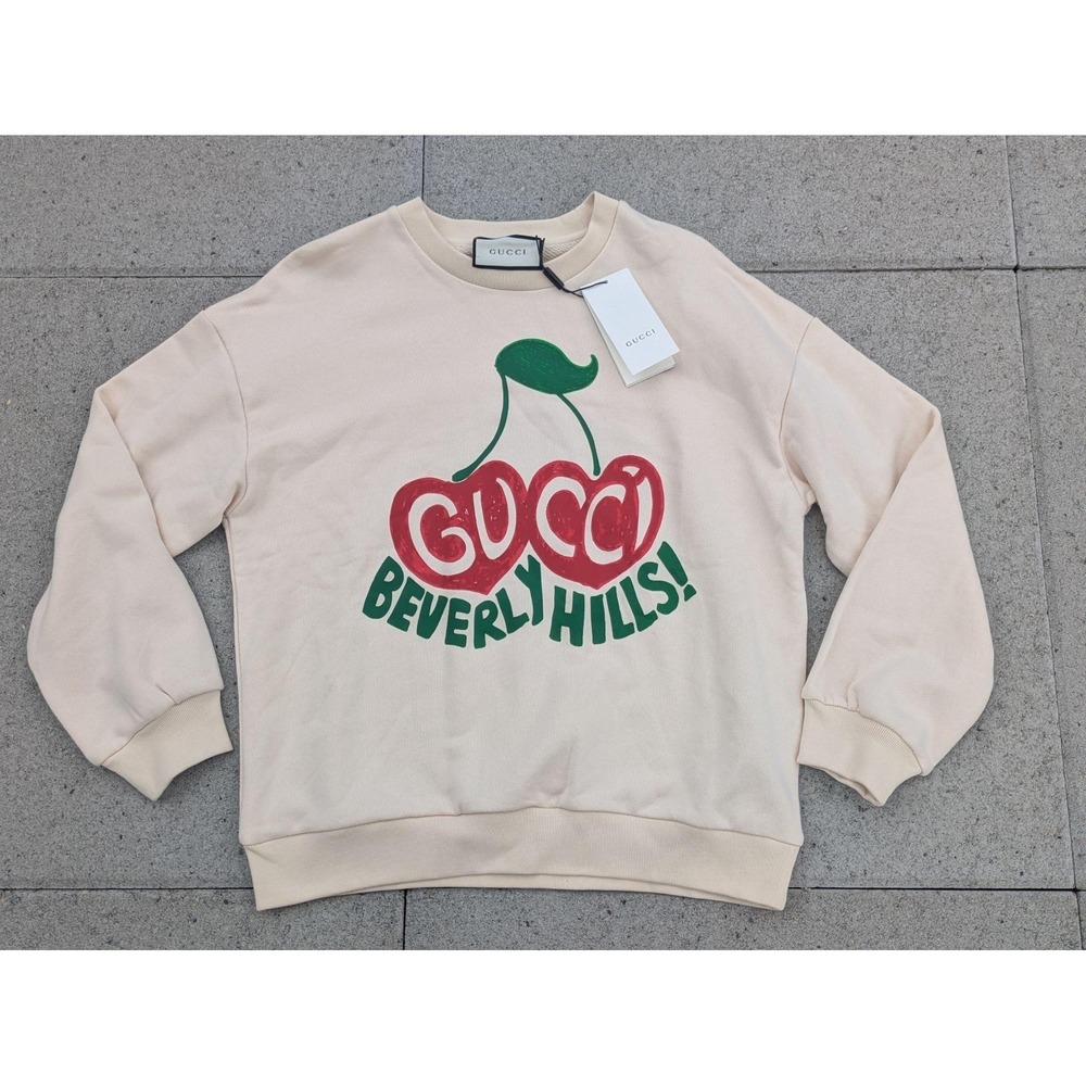 Gucci Sweatshirt Mens Medium Beige Beverly Hills Cherry Graphic Crewneck Fleece